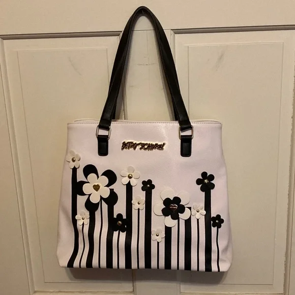 Betsey Johnson NEW Large Black & White Floral Stripe Tote Hard to Find! RaRe! - Picture 2 of 12
